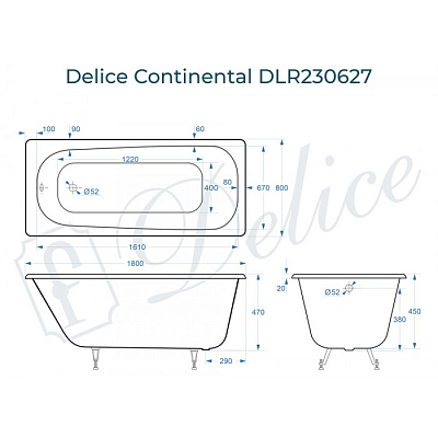 Ванна чугунная Delice Continental 180х80 DLR230627 белый