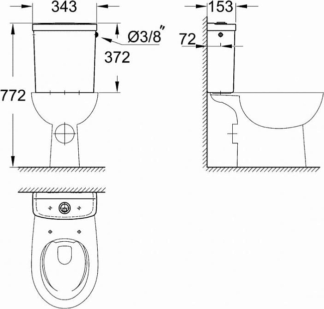 Напольный унитаз Grohe Bau Ceramic 39429000 с бачком 39436000 подвод снизу бачка безободковый